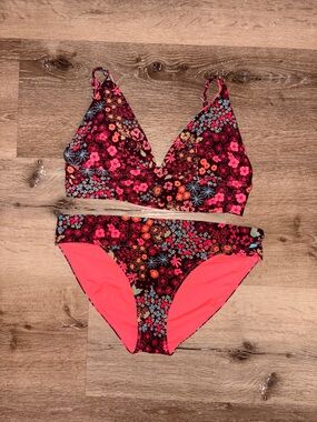 aerie Floral Print Bikini Set in Neon Pink